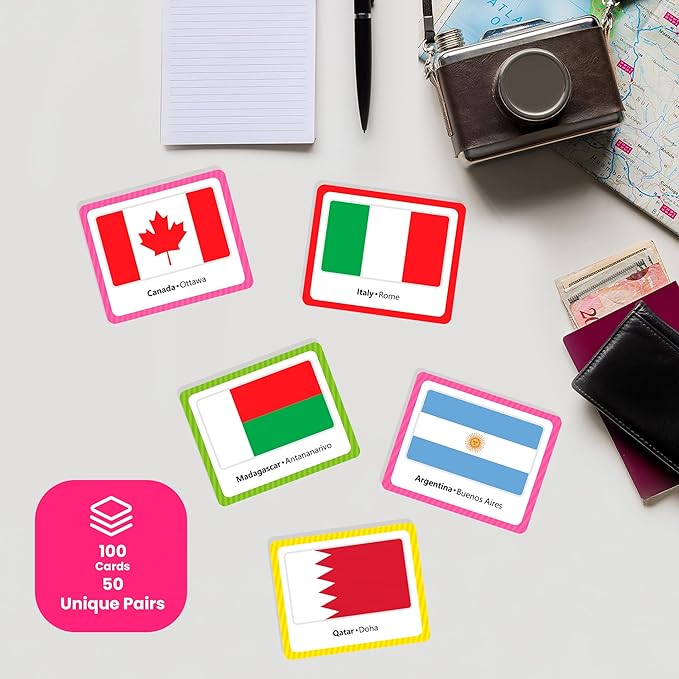 Menique Flags of The World Memory Matching Game – 100 Cards, 50 Countries to Match – Educational & Fun for Kids and Adults – Color-Coded by Continent – Learn Flags, Capitals, and Geography