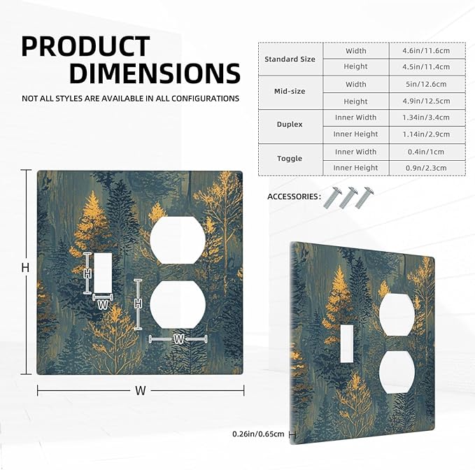 Decorative Switch Cover Plate with Golden Trees & Abstract Gradient Forest Landscape Design Toggle Duplex Wall Plate 2 Gang Light Switch Cover Outlet Covers for Blue Retro Home Decor