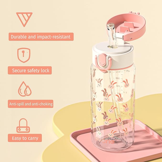Evorie Tritan Kids Water Bottle with Straw, 13oz BPA-Free Leak Proof Drinking Bottle for School & Travel, Clear Water Bottle with Carry Strap, Dishwasher Safe, for Kids Ages 3+ (Pink Rabbit)