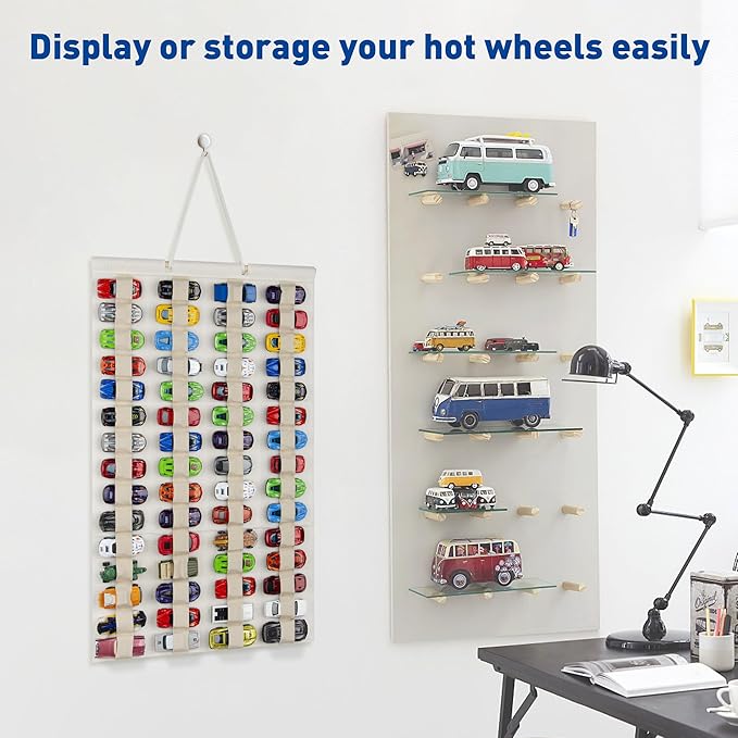 Hanging Storage Organizer for Toy Cars Felt Display Case Hold Up 60 Toy Cars (Cream)