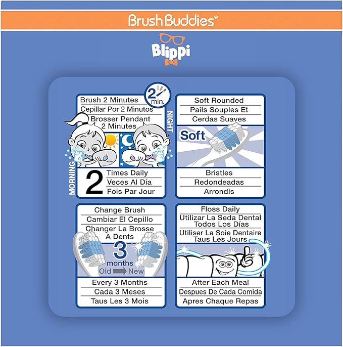 Brush Buddies Blippi Kids Toothbrushes Kit Manual Toothbrushes for Kids Toddlers 2+ Years Travel Toothbrush Kit with Cover Cup 3PC Soft Bristles Rounded Head Easy Grip Anti Slip Handle Oral Care Set