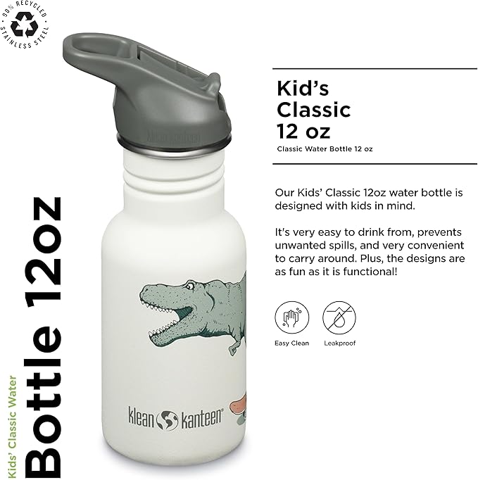 Klean Kanteen 12 oz Classic Kid's Water Bottle with Flip Seal Sport Cap & Straw - 100% Leakproof Cap - Durable Stainless Steel Material - Lightweight & Easy-Grip - BPA-Free - Dino Skates