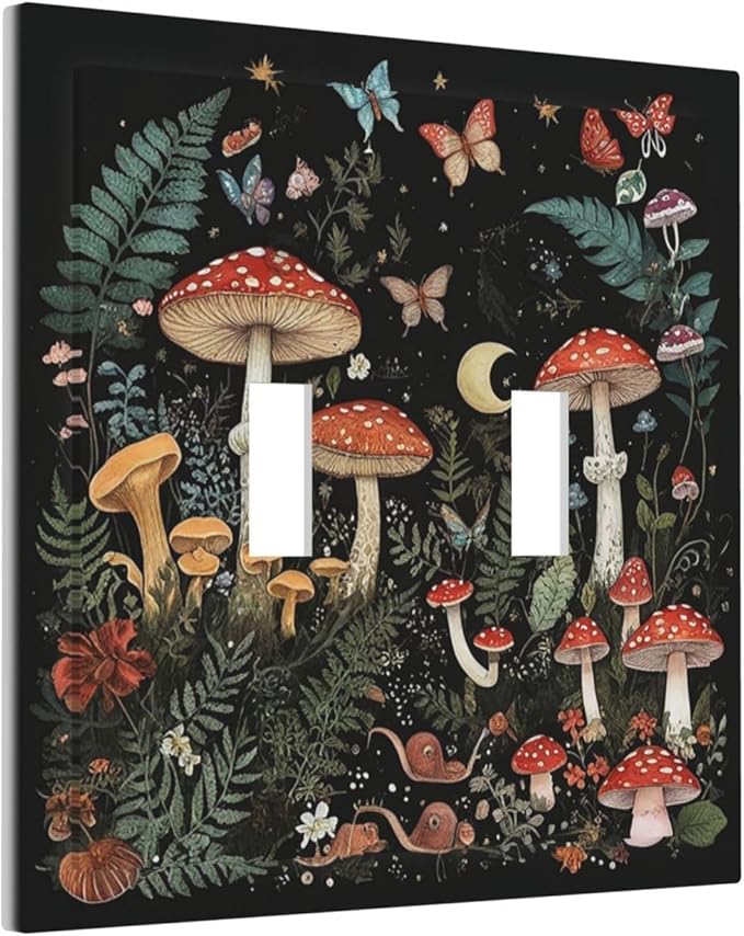 Cartoon Floral Mushroom forest Butterfly Flowers Decorative Switch Plates 2 Gang Double Toggle Wall Plate Electrical Faceplate Outlet Light Switch Cover for Bedroom Kids Room Decor