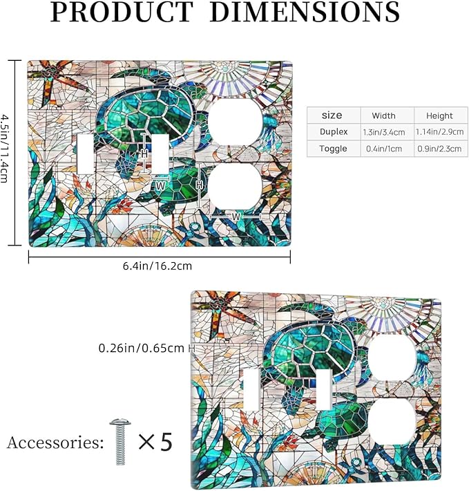 Beach Sea Turtle Ocean Theme 3-Gang 2-Toggle 1-Duplex Receptacle Combination Light Switch Decorative Triple Combo Device Switches/Rocker Outlet Covers and Wall Plate