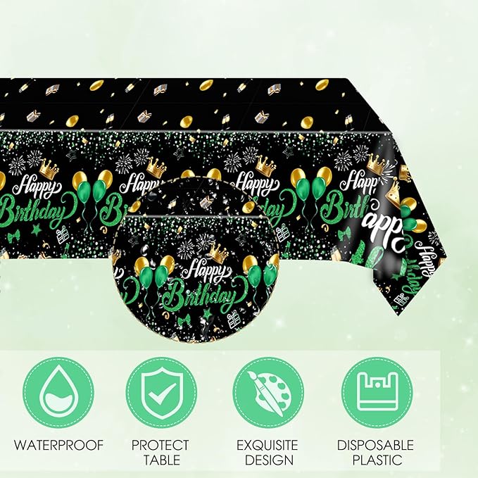 Green Birthday Decorations for Men Boys,Green and Black Party Tableware Set Include Birthday Plates Napkins and Tablecloth,for Mens Boy Bday Party Decorations Supplies,Serves 20