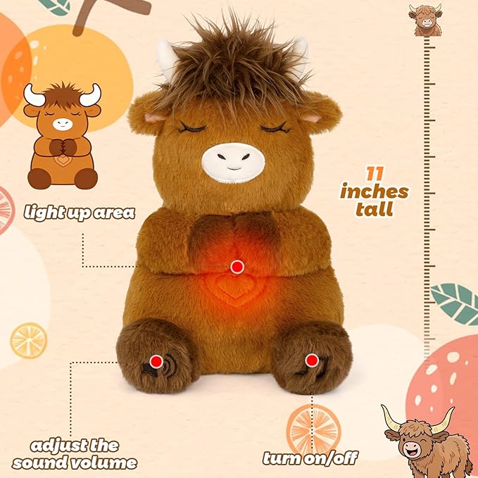 Breathing Stuffed Animal, Highland Cow Plush Soothing Baby Toy, Soothing Sound Machine Plushies with Calming Music, Lights, Breathing Motion Doll for Kids Boys Girls