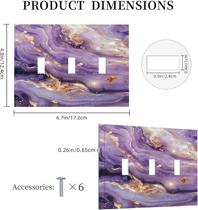 Luxury Marble Texture Purple And Gold Abstract Print Decorative Switch Plates 3 Gang Wall Plate Triple Toggle Light Switch Cover Faceplate Electrical Wall Panels for Bathroom Home Decor