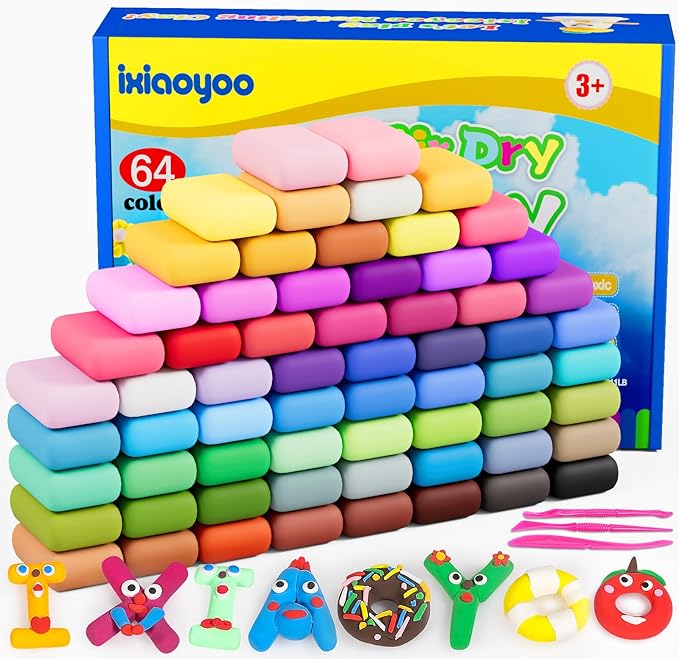 Ixiaoyoo Air Dry Clay, 64 Colors Modeling Clay for Kids, Creative DIY School Arts & Crafts Kit, Soft & Non-Sticky, Birthday & Christmas Toys Gifts for Age 3 4 5 6 7 8+ Years Old Boys Girls Kids