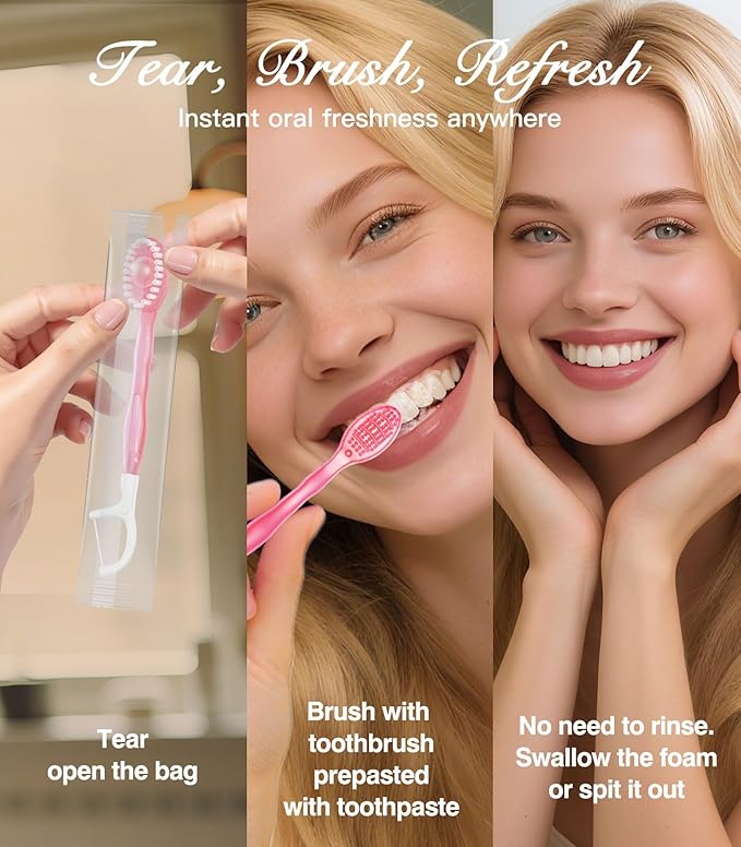 12 Pack 5 in 1 Disposable Mini Toothbrushes with Toothpaste, Floss, Pick & Tongue Scraper, Individually Wrapped, Portable Toothbrush Travel Set for Kids Adults, Peach Flavor