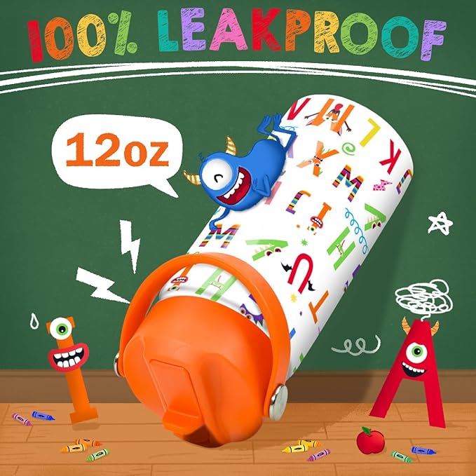 SANDJEST Kids Water Bottle with Straw Lid - 12 Oz Alphabet Insulated Stainless Steel Water Bottles for Kid Girl Boys - Travel Cup for School Sports