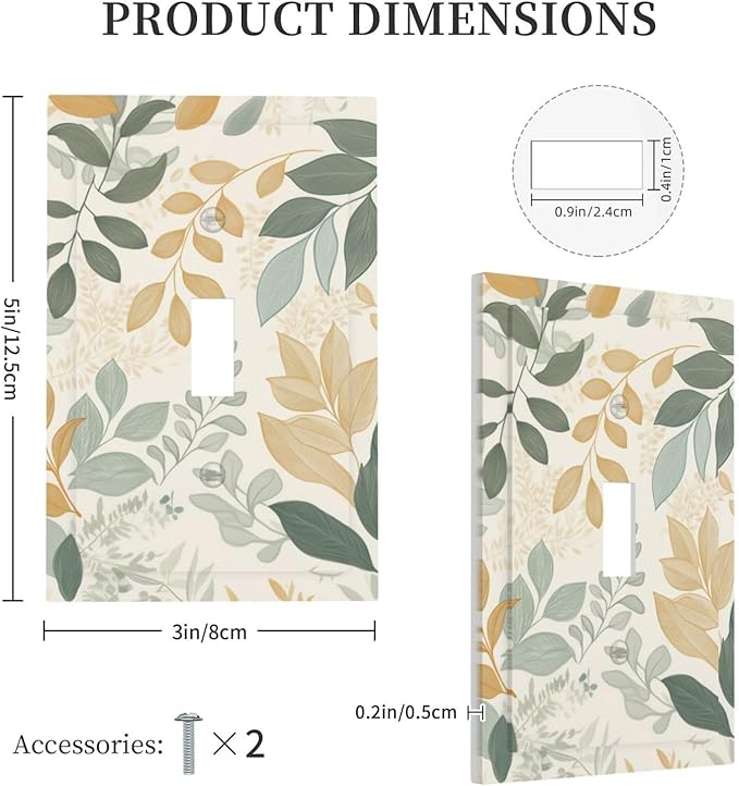 Boho Watercolor Leaves 1 Gang Light Switch Cover Single Toggle Wall Plate Green Botanical Decorative Electrical Switchplate Covers for Country Bathroom Bedroom Kitchen Living Room Decor