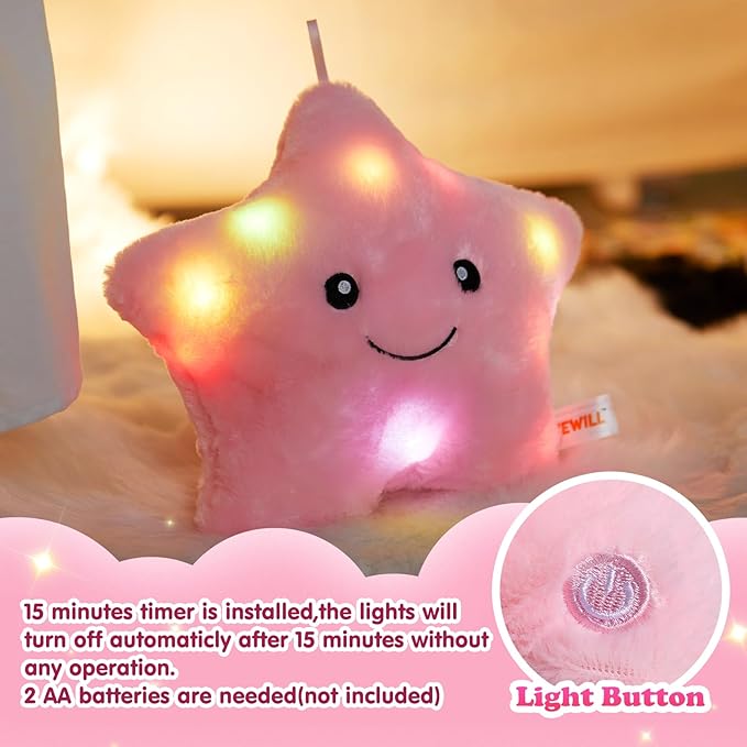 WEWILL 9'' LED Twinkle Star Soft Plush Toys Glowing Stuffed Star Light up Plush with Colorful Night Lights Birthday for Toddler Kids(Pink)