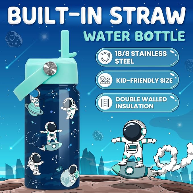 Astronaut Water Bottle - Kids Water Bottle with Straw Lid - 12 Oz Insulated Stainless Steel Water Bottles for Kid Boys - Travel Cup for School Sports