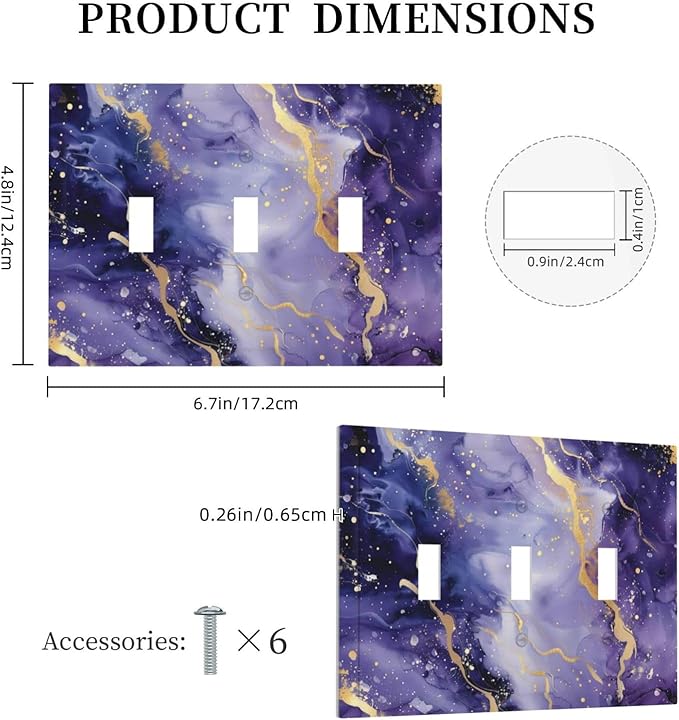 Decorative Light Switch Plate Covers Modernity Abstract Purple Golden Marble 3 Gang Wall Plate Switch Cover Plate Triple Toggle Jumbo Electrical Faceplate for Bathroom Kitchen Decor