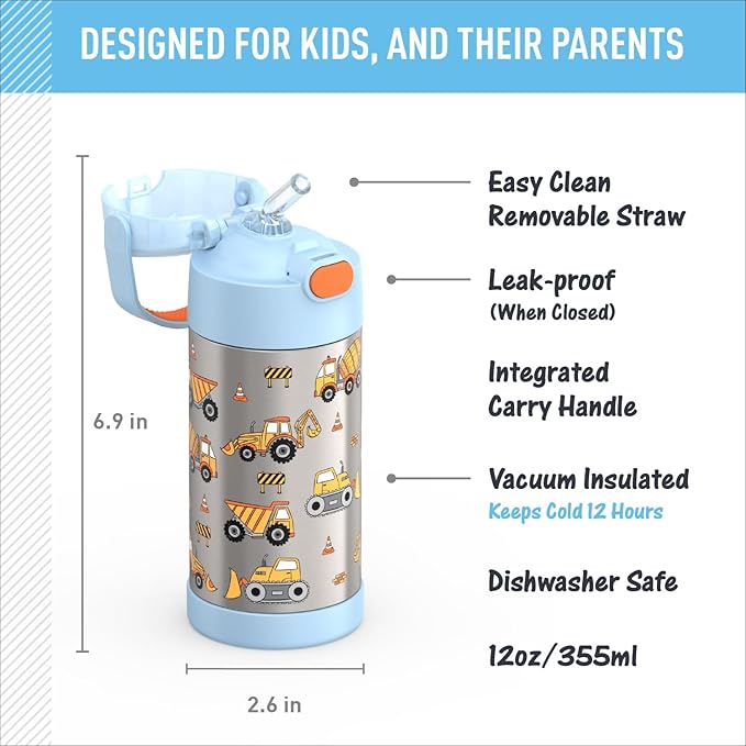 THERMOS FUNTAINER Water Bottle with Straw - 12 Ounce - Kids Stainless Steel Vacuum Insulated Water Bottle with Lid, Construction