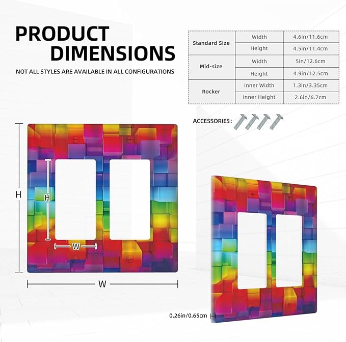 3D Colorful Rainbow Wall Abstract Squre Shaped 2 Gang Rocker Decora Light Switch Covers Decorative Unique Dual Outlet Covers Wall Plate Electrical Faceplate Switchplate GFCI for Kitchen Bedroom Decor