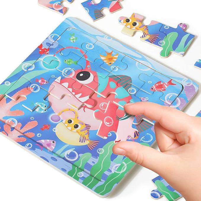GRINNNIE Wooden Puzzle for Toddlers 3 4 5 Years Old, 12 PCS Jigsaw Ocean Animals Puzzles Preschool Learning Toys for Travel or Car, Birthday for Boys and Girls (Pack of 2)