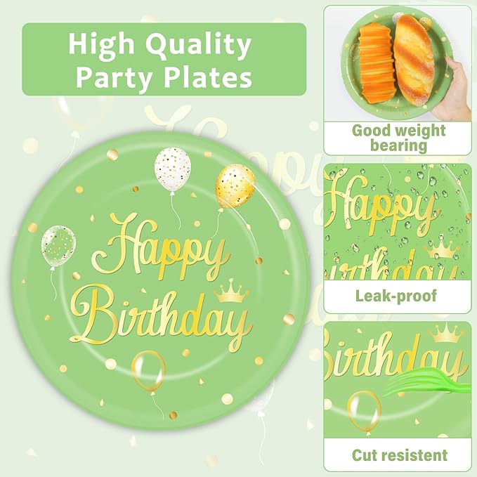 Qyeahkj 100 Pcs Sage Green Birthday Party Supplies Olive Green Gold Paper Plates Napkins Forks Tableware Set Disposable Greenery Happy Birthday Party Decorations for Women Men Girls Favors Serve 25