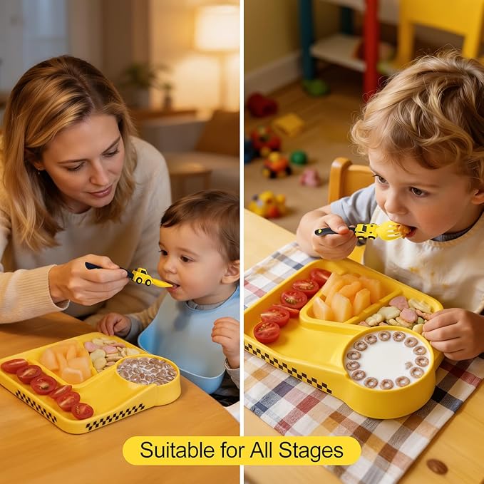 Deinyi Construction Toddler Plates - Construction Utensils for Toddlers - Easter and Birthday Gift Toddler Utensils for 1 2 3 4 5 6 7 year - Yellow