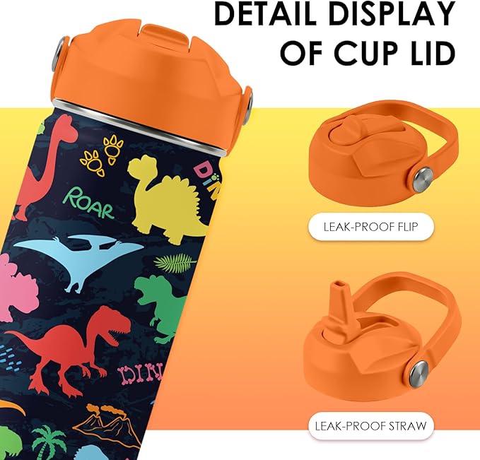 Dinosaur Gifts for Kids - 16oz Colorful Dino Water Bottle with Straw Lid, Stainless Steel Insulated Tumbler, Leakproof, BPA-Free, for Boys & Girls, School, Travel - Dino Lovers Birthday Gift Cup (1pc)