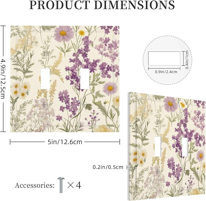 Watercolor Floral Leaves 2 Gang Light Switch Cover Small Purple Flowers Daisies Double Toggle Wall Plate Decorative Electrical Switchplate Covers for Country Bedroom Kitchen Living Room Decor