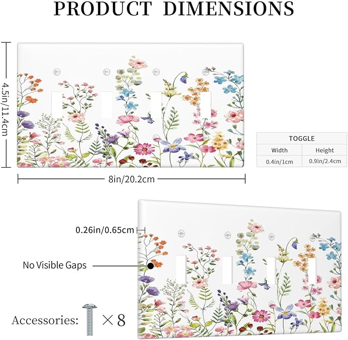 Boho Watercolor Wildflowers Floral Plants Flower Light Switch Covers Quad Toggle Electrical Faceplate 4 Gang Wall Plate Decorative Switch Plates Cover for Bedroom Living Room Decor