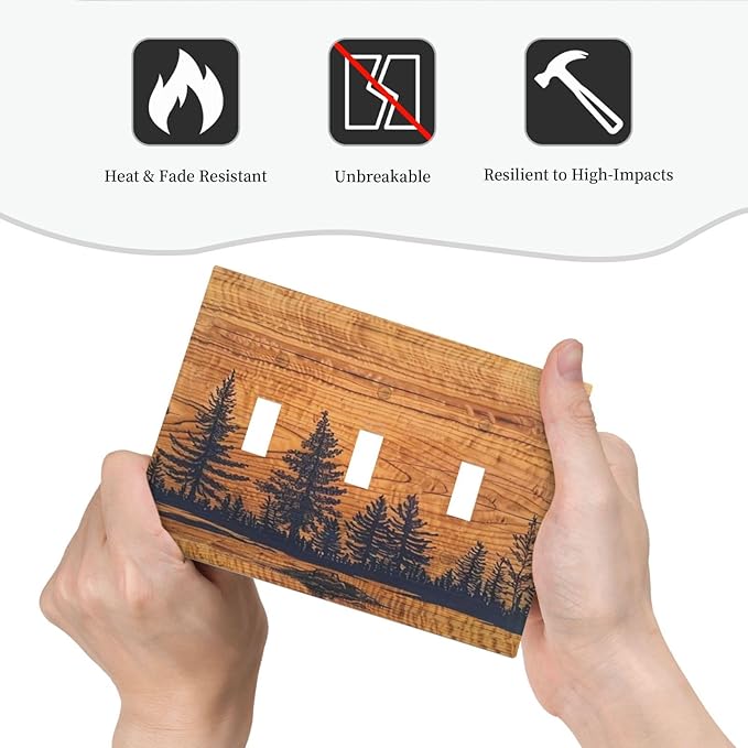 Country Farm Forest Pine Tree Woodland Woods 3 Gang Screwless Triple GFCI Decorator/Rocker Light Switch Wall Plate Rustic Orange Wood Wooden Decorative Dual Device Receptacle Faceplate Outlet Cover