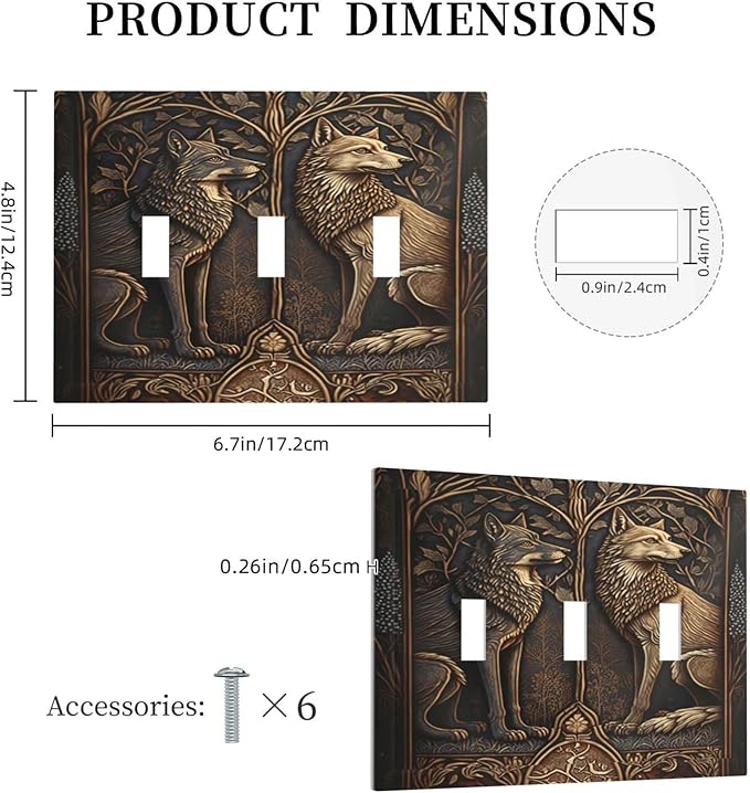 Medieval Wolves Animal Vintage Print Decorative Switch Plates 3 Gang Wall Plate Triple Toggle Light Switch Cover Faceplate Electrical Wall Panels for Farmhouse Home Decor