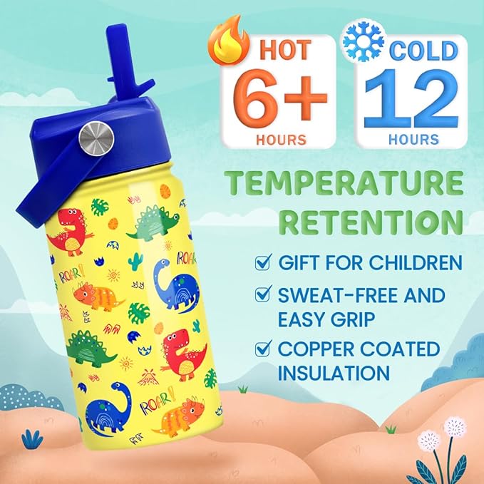 Dinosaur Kids Water Bottle - 12 Oz Insulated Stainless Steel - Straw Lid for Toddlers & Kids - School & Sports Travel Cup
