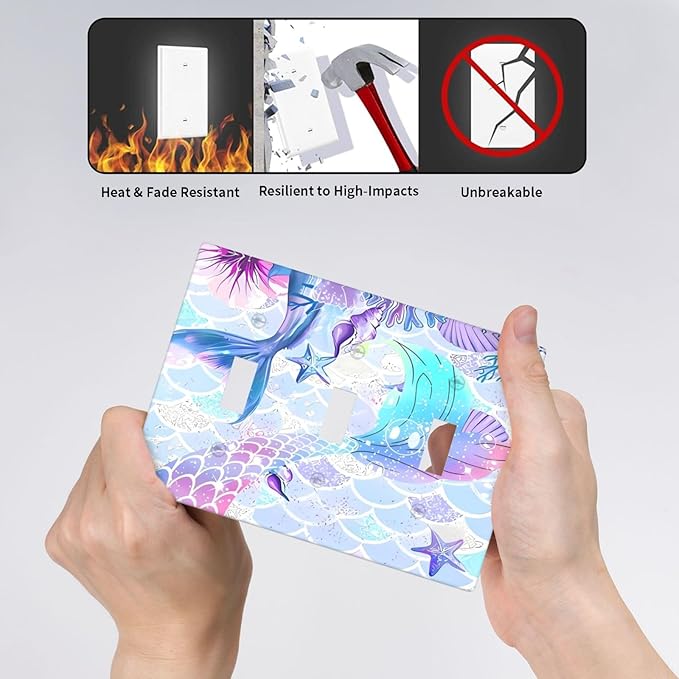 Mermaid Girl Light Switch Cover Plates Decorative 3 Gang Triple Toggle Wall Plate Electrical Switchpalte Faceplate for Kid Bedroom Home Bathroom Decor 6.4" x 4.5"