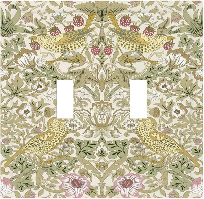 William Morris Vintage Strawberry Bird Botanical Decorative Switch Plates 2 Gang Double Toggle Outlet Light Switch Cover Wall Plate Electrical Faceplate for Farmhouse Home Decor