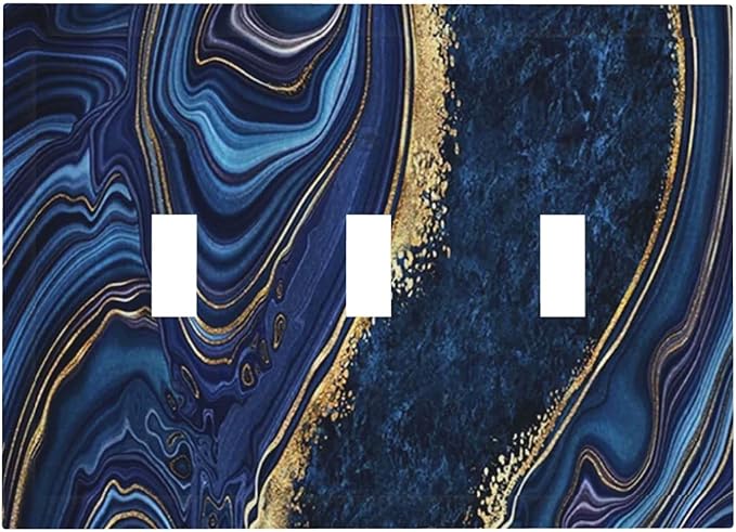 Blue Navy Marble 3 Gang Triple Toggle Light Switch Wall Plate Cover Marble Decorative Electrical Faceplate Teen Kids Boys Navy Blue Gold Abstract Bathroom Home Bedroom Art Panel Decorate 6.7" x 4.8
