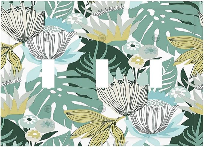 Retro Tropical Leaves 3 Gang Light Switch Cover Triple Toggle Wall Plates Decorator Receptacle Outlet Covers Electrical Switchplate Faceplate for Bedroom Bathroom Kitchen Decor
