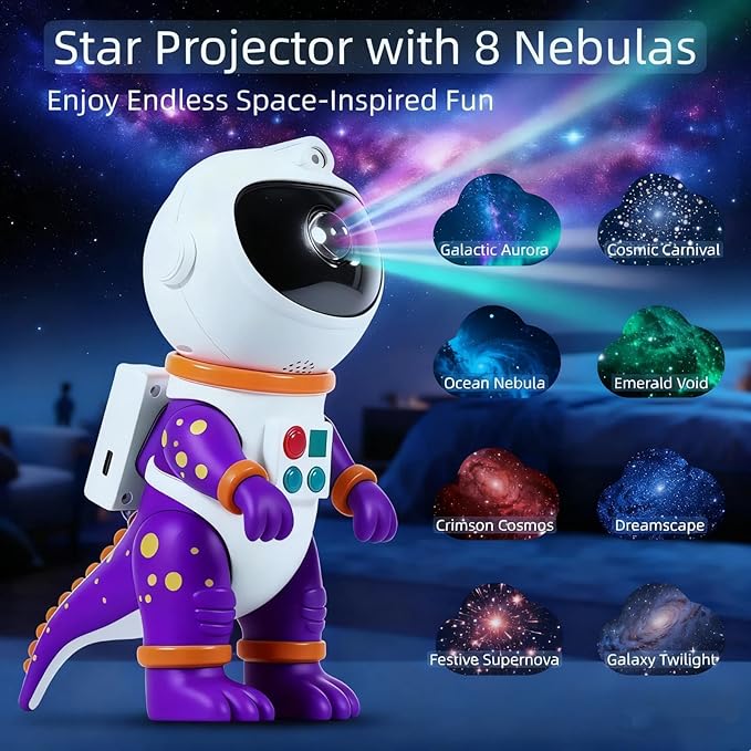 Galaxy Star Projection Night Light, Dinosaur Astronaut Space Projector with Timer, Remote Control, 8 Lighting Modes, Green Nebula Effects for Kids Room Ceiling Decor(Purple)
