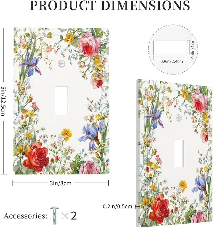 Decorative Light Switch Cover Plate Rustic Red Flower Garden Floral 1 Gang Single Toggle Wall Plates for Electrical Outlet Covers Switch Plate Covers Faceplate for Country Home Decor