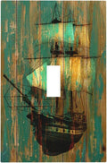 Decorative Light Switch Cover Rustic Green Wood Grain Sailboat 1 Gang Single Toggle Decorator Outlet Wall Plate Device Electrical Faceplate Switchplates for Farmhouse Bedroom Decor