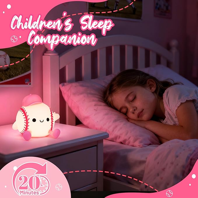 Attivolife Softball Night Light for Girls, Silicone LED Touch Lamp Rechargeable Nursery Bedroom Bedside Decor, Birthday Valentine's Day Gifts for Kid Girl Women Sport Lover