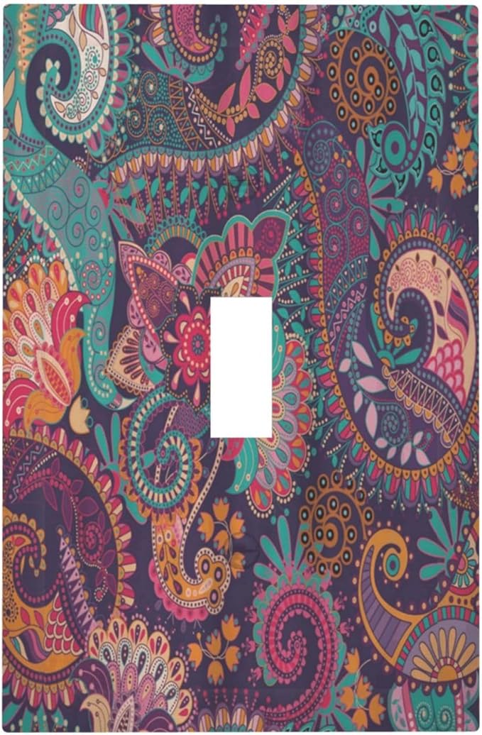 Mandala Boho Paisley Purple Floral Colorful Flower Decorative Light Switch Cover 1 Gang Single Toggle Device Electrical Faceplate Switchplates Decorator Outlet Wall Plate for Home Bedroom Decor