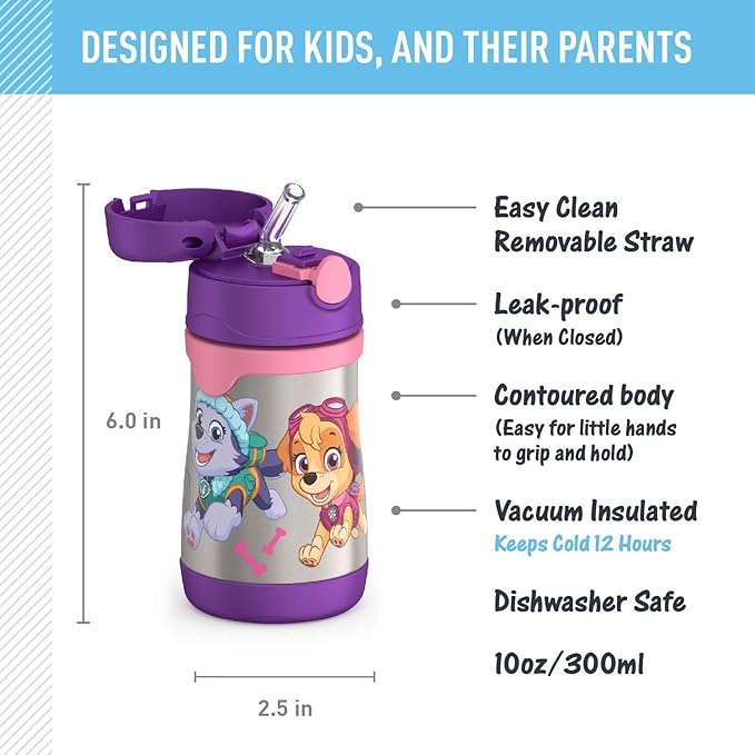 THERMOS Vacuum Insulated Stainless Steel 10oz Straw Bottle, Paw Patrol Girl