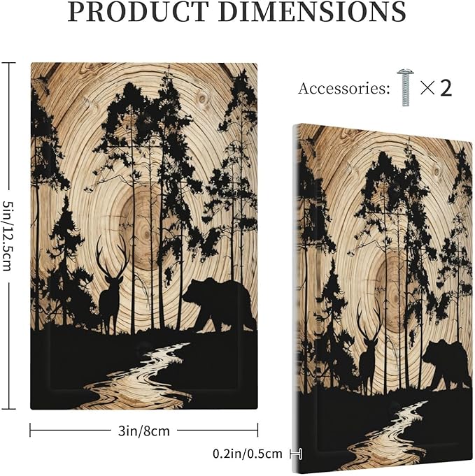 Rustic Forest Antler Black Bear Deer Silhouettes Light Switch Cover Plate 1 Gang No Device Blank Electrical Wall Plates Faceplate Decorative Switch Plate Covers for Farmhouse Home Decor