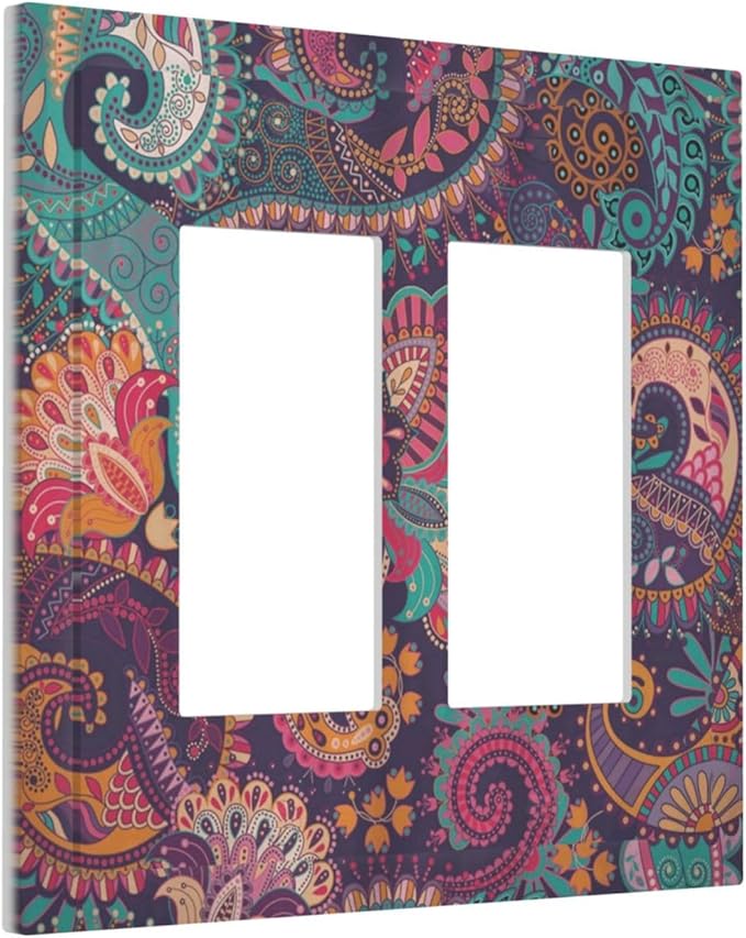 Mandala Boho Paisley Purple Floral Colorful Flower Decorative Outlet Covers 2 Gang Double GFCI Rocker Electrical Wall Panels Light Switch Cover Plate for Home Bedroom Decor