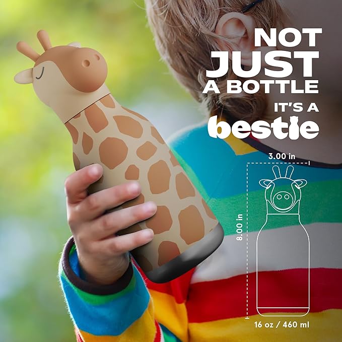 asobu Bestie Bottle Insulated Stainless Steel Water Bottle with Detachable Soft Animal Head Fun Drinking For Kids and Teens16 Ounce with Flexible Reusable Straw (GIRAFFE)