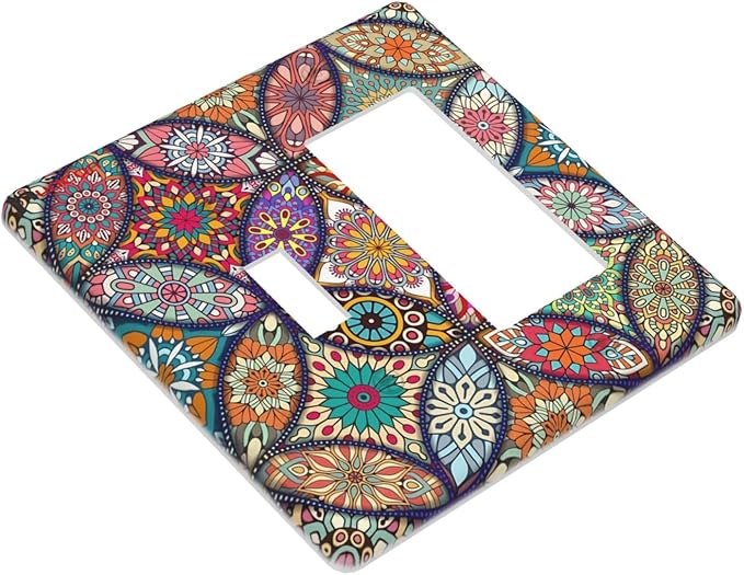 Boho Floral Pretty Colorful Mandala Flowers Outlet Covers 1 Toggle 1 Rocker Combination Decorative Wall Plate Electrical Switch Plates Light Switch Cover Plate for Bedroom Living Room Decor