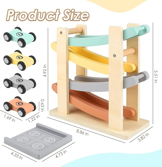Joyreal Montessori Toddler Toys for 1 2 Year Old - 4 Level All-Wooden Car Ramp Racer Toys with 4 Mini Cars & Garages - Christmas Birthday Gifts for 1-3 Year Old Boys and Girls