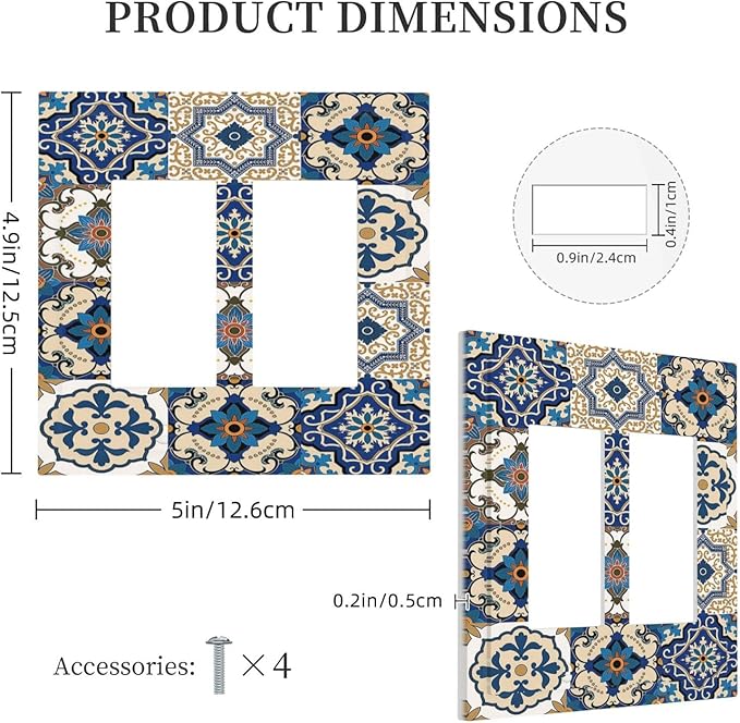 Decorative Outlet Covers Mandala Decorative Tile Talavera Moroccan Tiles 2 Gang Double GFCI Rocker Electrical Wall Panels Light Switch Cover Plate for Bedroom living Room Decor