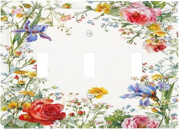 Decorative Light Switch Cover Plate Rustic Red Flower Garden Floral 3 Gang Wall Plates for Electrical Outlets Triple Toggle Switch Plate Covers Outlet Covers Faceplate for Country Home Decor