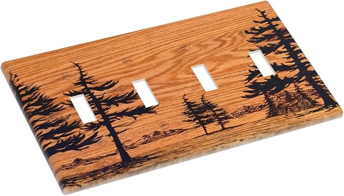 Pine Forest Natural Scenery Silhouette Wood Grain Light Switch Covers Quad Toggle Electrical Faceplate 4 Gang Wall Plate Decorative Switch Plates Cover for Farmhouse Home Decor