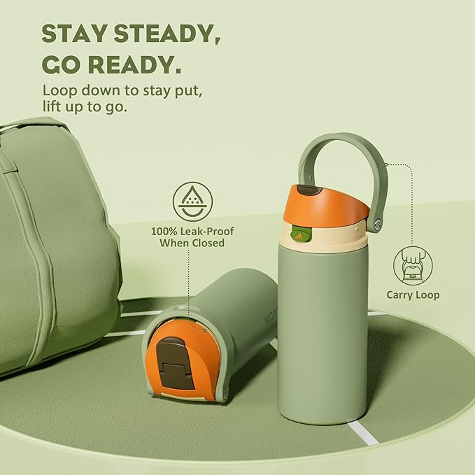 POWCAN 18 oz Metal Sports Water Bottle: 2-in-1 Push-Button Spout & Quick-Flip Straw, Leakproof, Cold 24 Hrs, Fits Car Cup Holder, Insulated Bottle for Hiking, Camping, School, Travel Gift (Olive Cool)