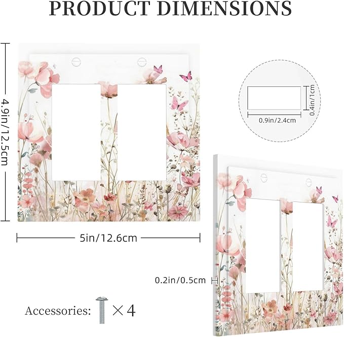 Boho Floral Watercolor Pink Wildflower Butterfly Decorative Outlet Covers 2 Gang Double GFCI Rocker Electrical Wall Panels Light Switch Cover Plate for Bedroom Living Room Decor