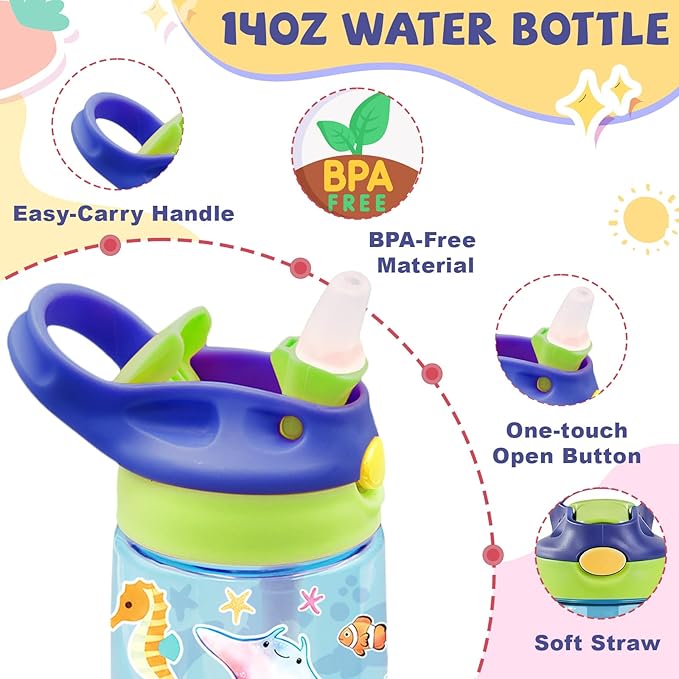 14oz Cute Marine life Kids Water Bottle with Straw Lid - Cartoon Water Bottles for Kids, Leakproof, Lightweight, Durable Plastic Bottles for School, Pop-Up Straw Cover, Gift Cup for Girls Boys(Sea)